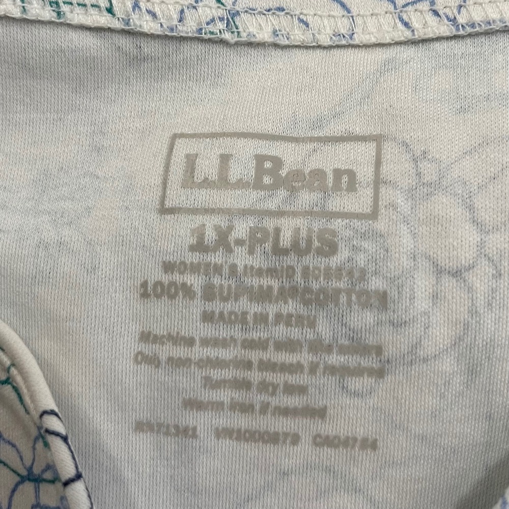 LL Bean Womens 1X Plus White Floral Supima Cotton 3/4 Sleeve Split Neck Top - Picture 3 of 6